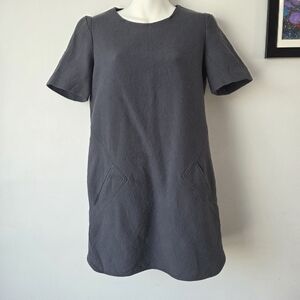 Maje Blue Grey Round Neck Trapeze Mini Dress Size Medium Pockets Crepe